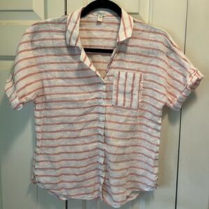 Garnet Hill Pink Striped Button Front Coastal Camp Shirt 100% Linen Sz 4